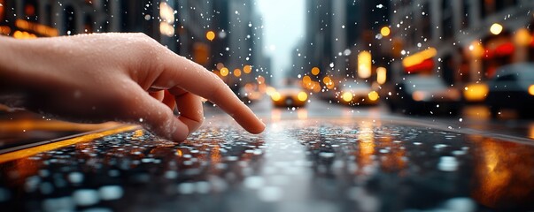 Hand Touching Water With City Lights Reflections.