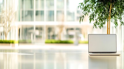 Poster - A modern workspace featuring a laptop and a potted plant in a bright, glass-enclosed environment.
