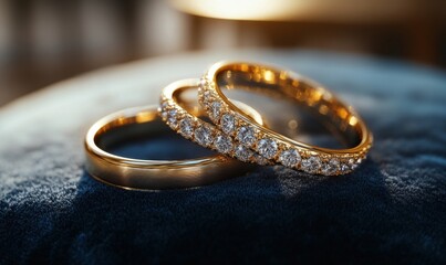 3D wedding rings with intertwined gold bands and sparkling diamond settings, laid on a velvet cushion