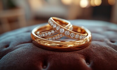 3D wedding rings with intertwined gold bands and sparkling diamond settings, laid on a velvet cushion