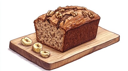 Poster - Fresh Baked Banana Bread on Wooden Board