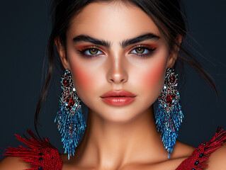 Model wearing statement earrings and bold makeup