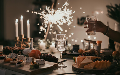 Warm candlelight and sparkling wine create a festive atmosphere for a cozy New Year s Eve gathering   