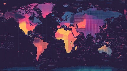 Poster - Abstract world map with vibrant colors and digital glitch effect.