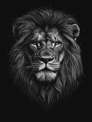 Wall Mural - black and white drawing of a lion with a very long mane. the lion has a very intense look on its fac