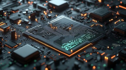 Aufkleber - Close-up of a glowing circuit board with a central processor.