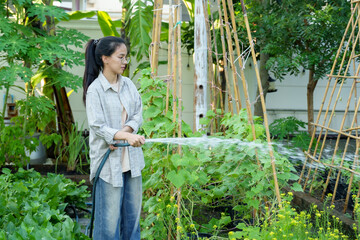 Asian woman watering plants in organic garden with hose, surrounded by green foliage. dedication to sustainable gardening, care for environment, and joy in growing healthy, fresh vegetables.