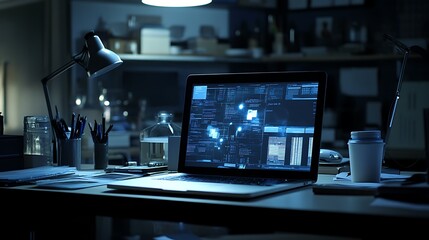 Poster - A dimly lit workspace featuring a laptop displaying data, surrounded by office supplies.