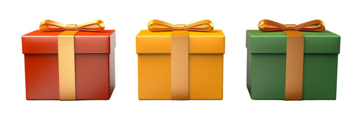Wall Mural - three red gold and green christmas gift boxes 3d render icon isolated on transparent background cutout