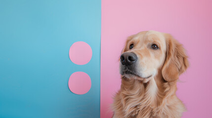 A golden retriever is standing in front of a pink and blue wall