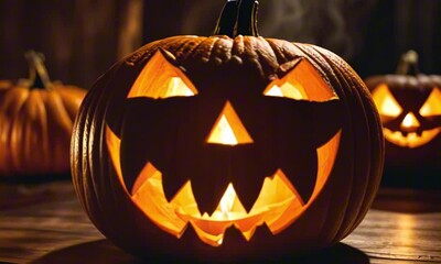 Wall Mural - jack-o'-lantern with candle inside. flickering light illuminating carved face. dark, spooky backgrou