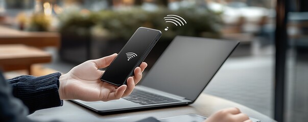 Poster - A person using a smartphone near a laptop, indicating wireless connectivity.