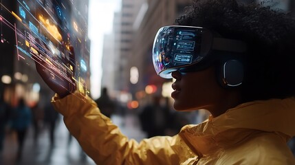 Poster - A person wearing a VR headset interacts with digital data in an urban environment.