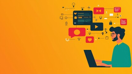 Poster - A person working on a laptop surrounded by digital icons representing communication and social media on a vibrant yellow background.