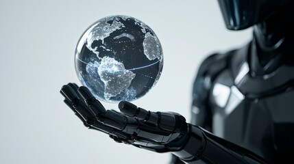 Fototapete - Futuristic Robot Holding Glowing Earth Model