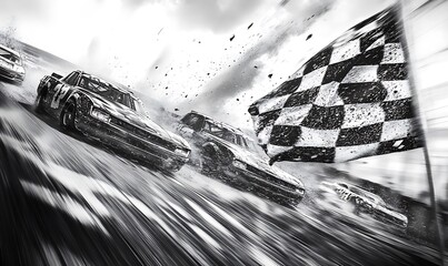 Aufkleber - Race cars speed past the checkered flag at the finish line.