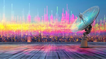 Poster - A futuristic satellite dish overlooking a vibrant cityscape with digital data visualization.