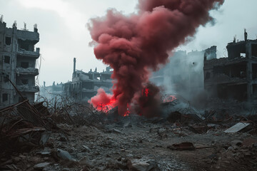 A city is in ruins with a large fire in the middle