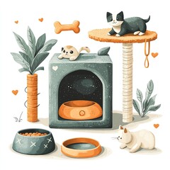 Isolated on white, pet accessories and toys in flat art, including a dog bone, cat scratching post, food bowl, leash, and a cozy pet bed.