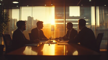 Wall Mural - Group of men are sitting around a table in a conference room. The room is dimly lit and the men are all wearing suits. The atmosphere is serious and focused, as they discuss important matters