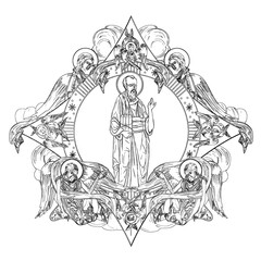 Paul the Apostle. Religious dome with apostles and angels in sky. Coloring page in Byzantine style