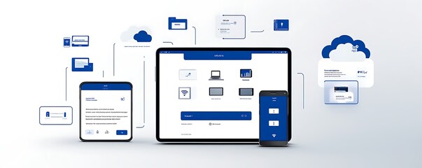 Poster - Digital interface showcasing devices and cloud connections for seamless technology integration.