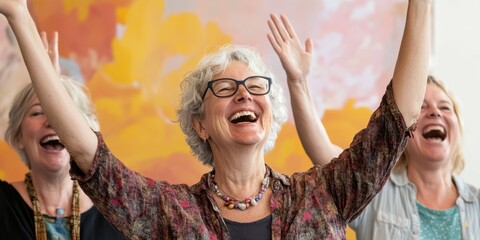 Happy women celebrating together with arms raised and joyful expressions.