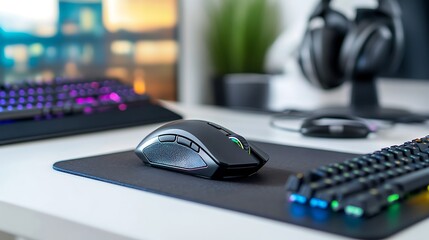 Poster - A gaming setup featuring a mouse, keyboard, and headphones on a desk.