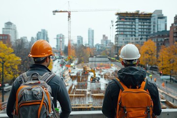 Two construction workers, wearing safety helmets, observe a building site in an urban setting during autumn.