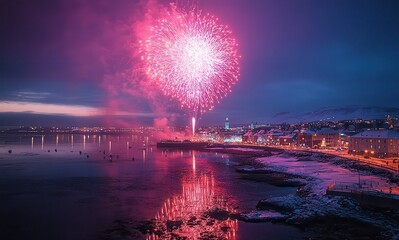 Spectacular New Year's Eve fireworks over Reykjavik waterfront