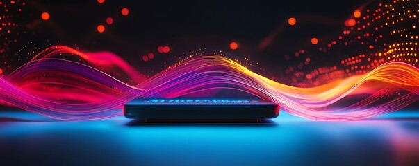 Poster - A sleek device surrounded by vibrant, colorful wave patterns representing technology and innovation.