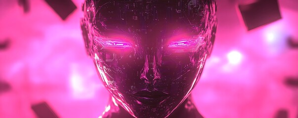 Poster - A futuristic, digital humanoid figure with glowing eyes against a vibrant pink background.