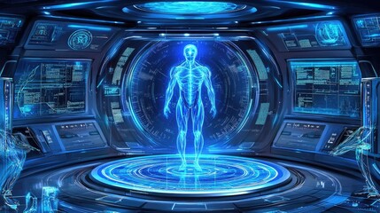 Fototapete - Detailed human genome sequence on a high-tech display, set in a modern biotechnology lab
