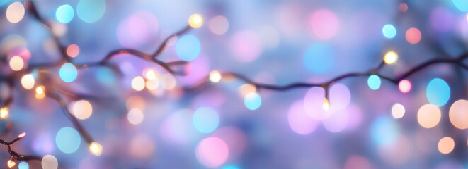 Poster - Softly glowing lights create dreamy atmosphere with colorful bokeh effects. delicate branches intertwine, enhancing enchanting ambiance of scene