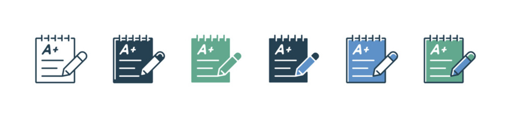 Aufkleber - notepad exam score grade icon set education quiz test result with pencil vector school performance report symbol illustration