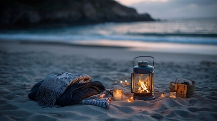 Poster - A cozy and romantic scene on a beach at dusk with a lantern, candles, and a blanket.