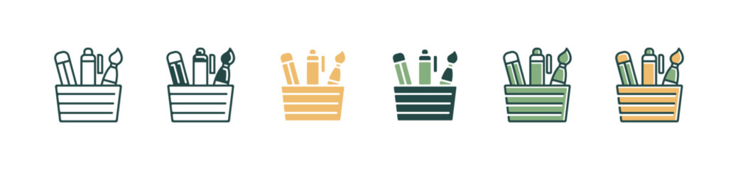 Aufkleber - school stationery supply holder icon set pencil, pen, paint brush container vector office work desk element signs illustration for web and app