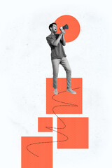 Wall Mural - vertical poster collage young man geometric figures announce information proclaim loudspeaker speech