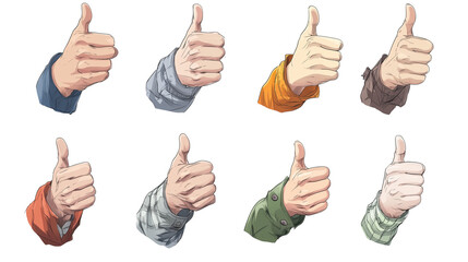 Poster - Various manga style illustrations of hands showing thumbs up in different colored sleeves, conveying approval and positivity. png transparent background