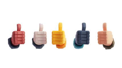 Poster - Five colorful 3D cartoon hands show thumbs up, symbolizing approval and positivity. Each hand is uniquely colored, adding playful and vibrant touch to concept. png transparent background
