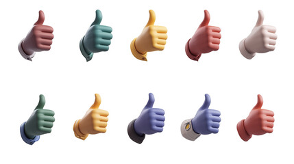 Poster - collection of colorful 3D cartoon hands showing thumbs up, each with unique color and style, conveying positivity and approval .png transparent background