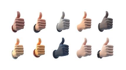 Poster - Various 3D cartoon hands showing thumbs up in different colors and styles, symbolizing approval and positivity. diverse designs add playful and engaging touch. png transparent background