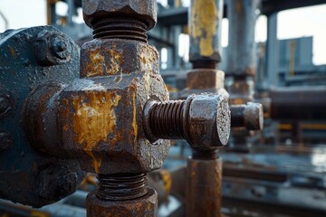 Rusted machinery components glimmer in the sunlight at an industrial site. Generative AI