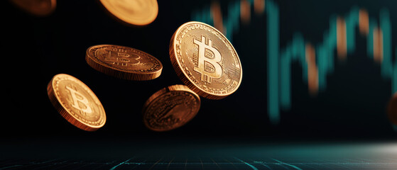 A digital representation of floating Bitcoin coins with a background of fluctuating financial graphs, symbolizing cryptocurrency trading and investment.