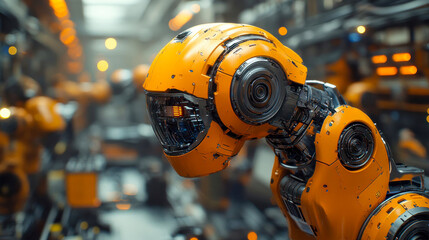 Poster - Detailed close-up of an orange-colored humanoid robot, highlighting its mechanical intricacies and reflective surfaces in a high-tech environment
