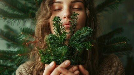 Wall Mural - Woman is holding a small potted plant in her hands, with her face close to the plant. Concept of calm and relaxation, as the woman takes a moment to appreciate the beauty of the plant