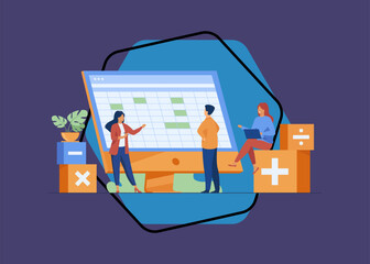 Poster - Colleagues discussing accounting statistics report using software vector illustration. Bookkeeping and audit for annual and financial reporting concept for business presentation slides