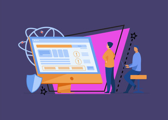 Poster - Developers testing software. Man with laptops watching infographics, fixing bugs, using computer. Vector illustration for application, programming, coding concept