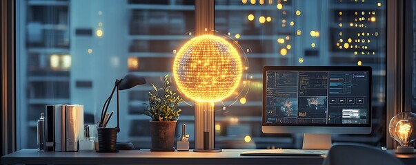 Poster - A modern workspace featuring a glowing globe and computer with data displays.