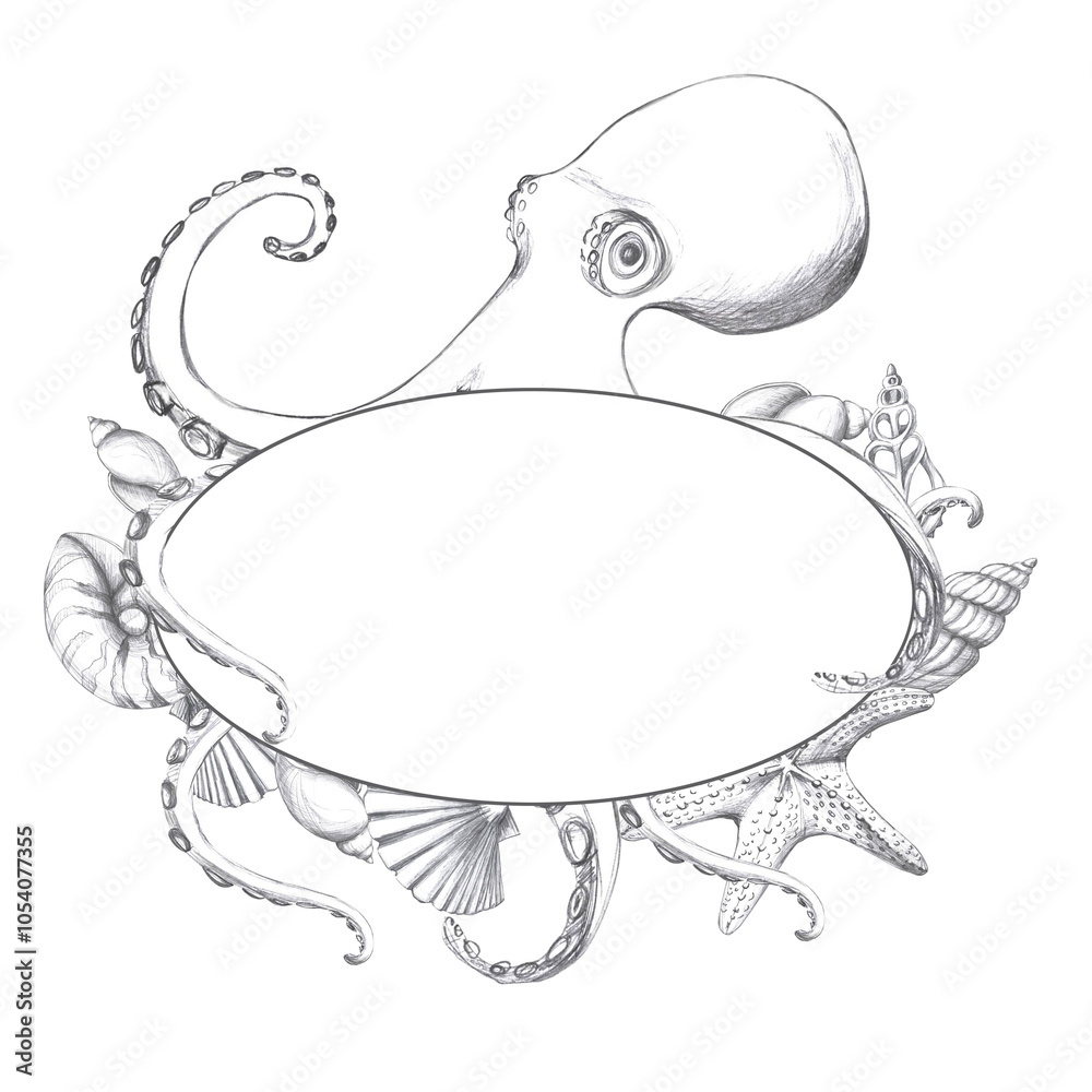 Shell Octupus Frame Octopus with shells in oval frame, hand drawn pencil sketch. Isolated ...